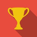 Trophy cup icon with long shadow on red background. Vector winning champions cup sign. Flat design.